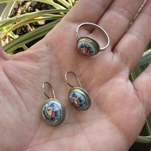 Vintage Enamel Floral Filigree Earrings & Ring